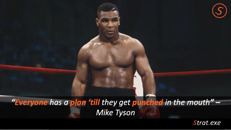 Mike Tyson in the boxing ring, with his quote about plans and getting punched in the mouth