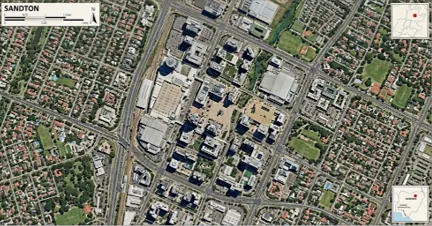 Satellite street map of Sandton, with a route along its streets