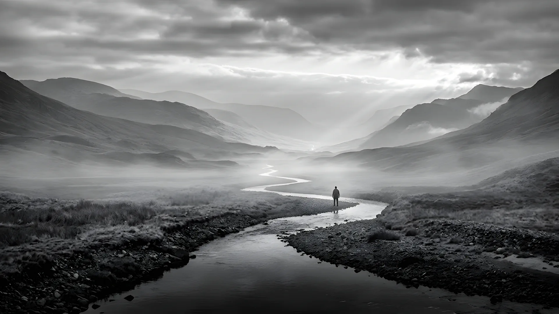 A lone figure beside a river winding through a misty valley