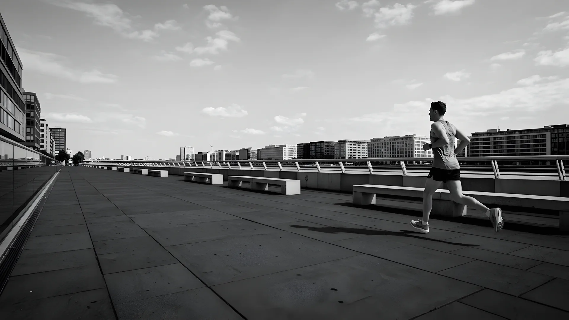 A runner on a city promenade